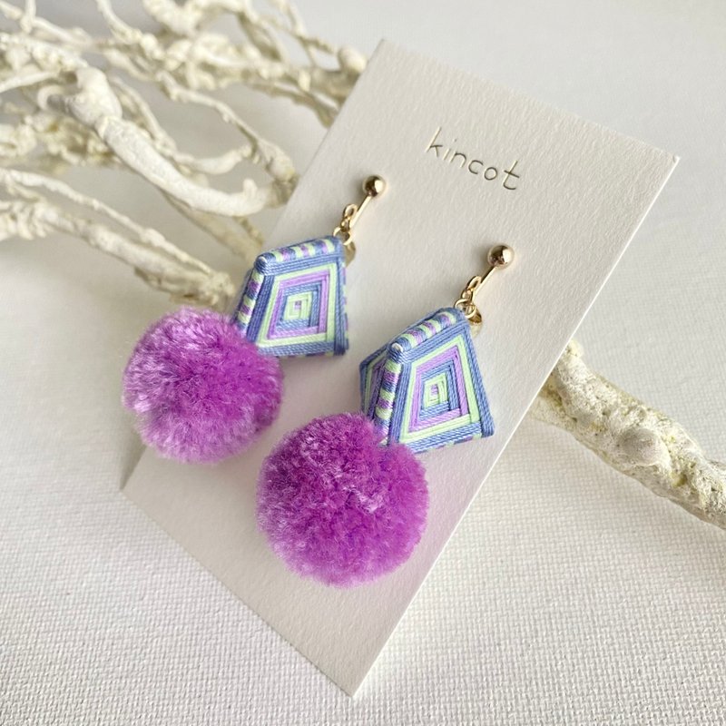 Thread pompom pierced Clip-On[blue gray x green x purple] - 耳环/耳夹 - 聚酯纤维 多色