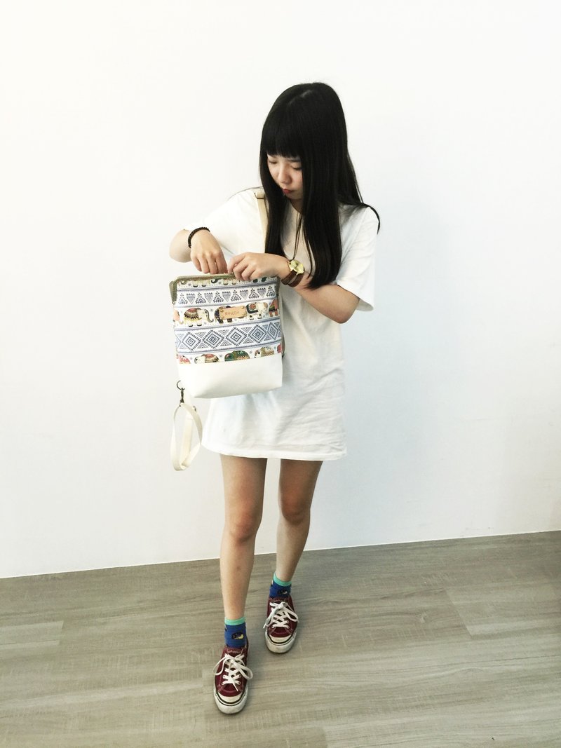 民族风象儿大口金后背包/赠送免费打印名字皮标 - 后背包/双肩包 - 棉．麻 蓝色