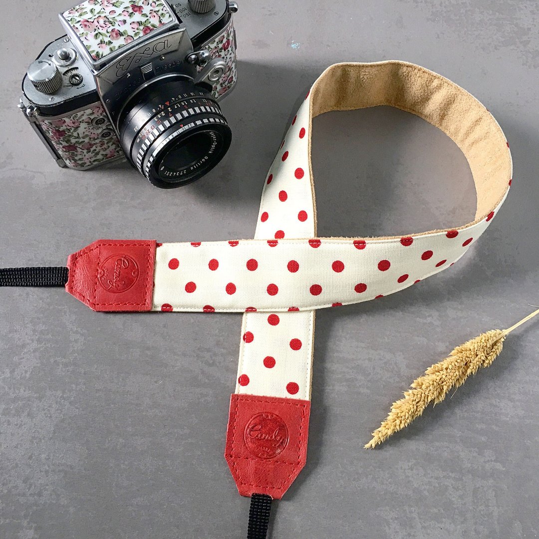 White Red Polkadot Camera Strap , DSLR or Mirrorless Camera Strap - 相机 - 棉 白色