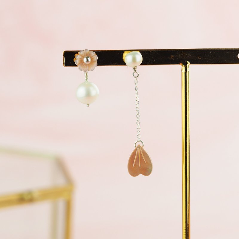 最后一件! 樱花雨 淡水珍珠纯银耳环耳夹 - 耳环/耳夹 - 宝石 粉红色