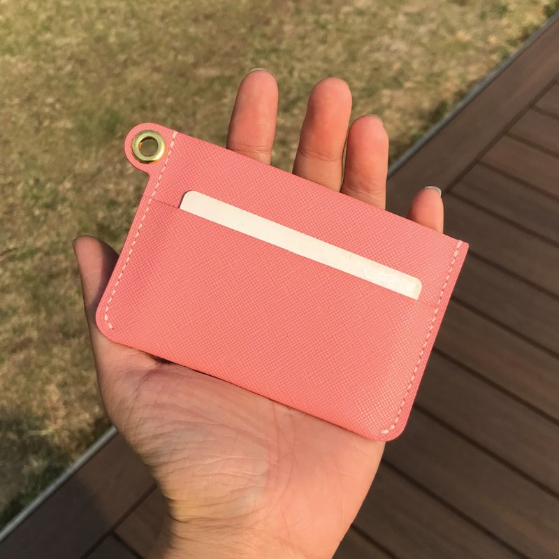 【票卡夹】粉红色十字纹牛皮/可爱小钱包/悠游卡套/通勤/手工皮革 - 名片夹/名片盒 - 真皮 粉红色