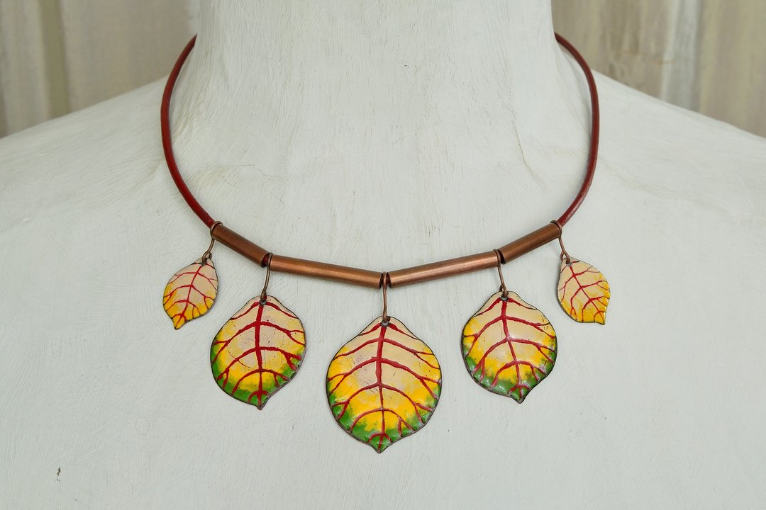 Jewelry, Necklace, Enamel, Statement Necklace, Forest, Enamel Necklace, Bib Necklace, Leaf, Leaves, Enamel Leaf, Enamel Jewelry, Alder Leaf Necklace, Leaf Necklace, Yellow and Green, Beige and Claret, - 项链 - 珐琅 黄色