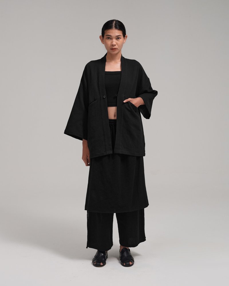 Unisex：和服外套 (黑色) - 女装休闲/机能外套 - 棉．麻 黑色