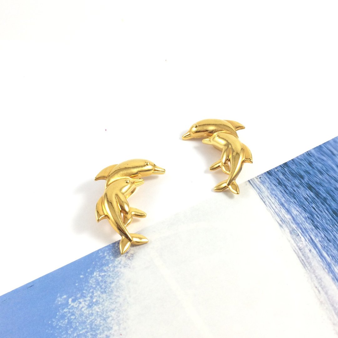 Vintage Half Moon Gold Dolphin Twins Clip On Earrings - 耳环/耳夹 - 贵金属 金色