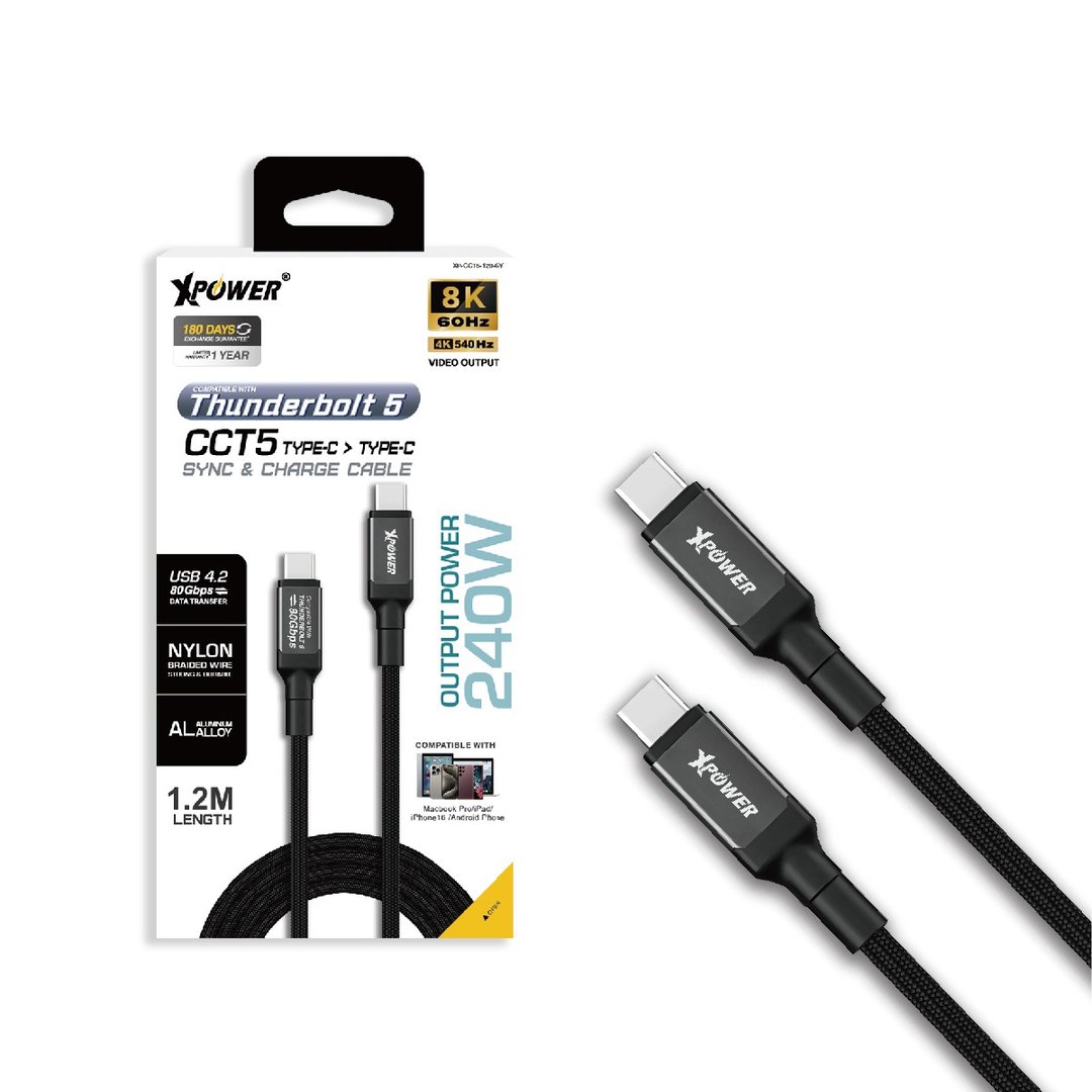 XPower CCT5 1.2M 铝合金Thunderbolt 5 240W C to C充电线 - 充电宝/传输线 - 其他金属 黑色