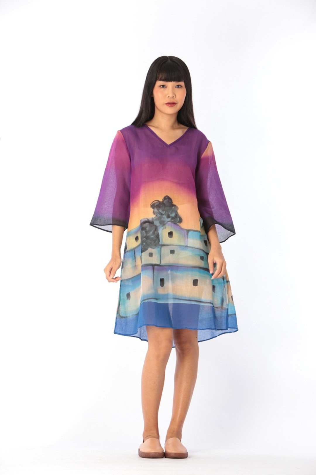 Hand Painted Short Dress - 洋装/连衣裙 - 棉 紫色