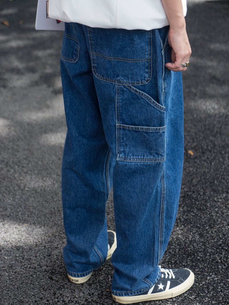 Denim Pants 復古洗水寬鬆直筒多口袋工裝牛仔褲 美式Vintage男 - 男士长裤 - 棉．麻 蓝色