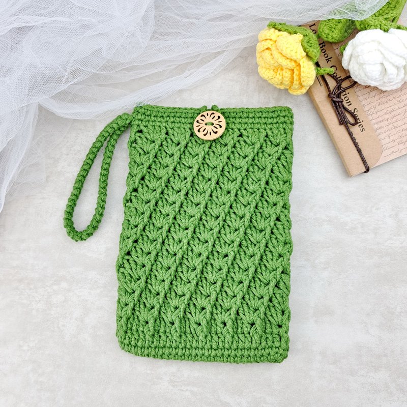 编织手机袋/ 手鈎肩背包/ 鈎织钭背包/ 电话包 (Pattern C) - 侧背包/斜挎包 - 棉．麻 绿色