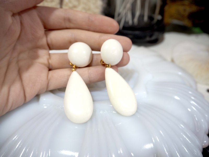 白色树脂圆型拼水滴型夹式耳环耳夹 日本高级二手古着珠宝首饰 - 耳环/耳夹 - 其他材质 银色