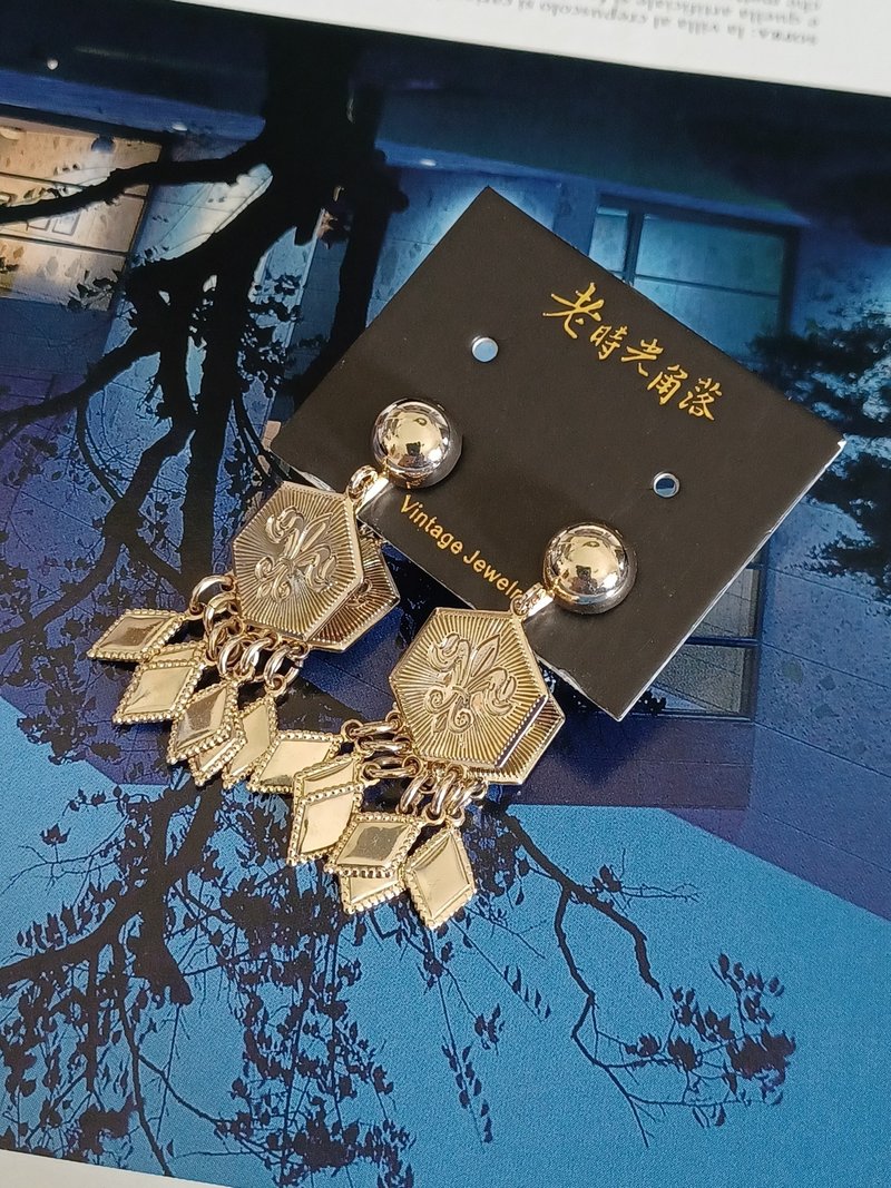 vintage jewelry  鸢尾花金色放射纹吊饰 夹式耳环 - 耳环/耳夹 - 其他金属 