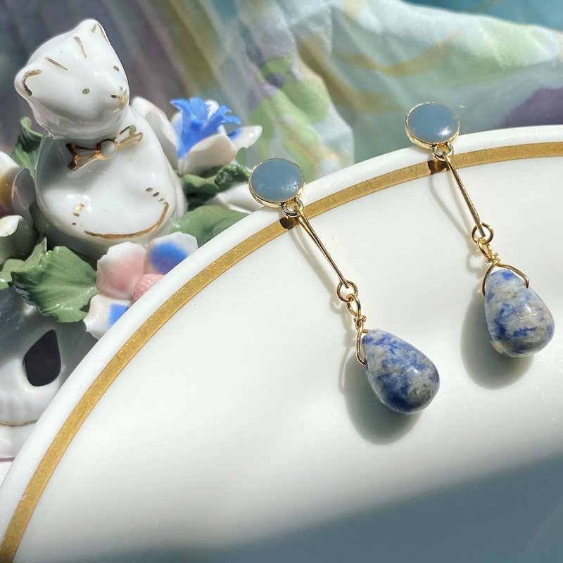 【Lost and find】天然石 蓝纹玉 水滴 耳环 - 耳环/耳夹 - 宝石 蓝色