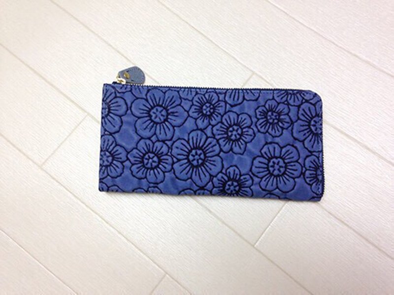 Long wallet leather wallet soft leather flower flower pink L fastener slim soft - 皮夹/钱包 - 真皮 蓝色