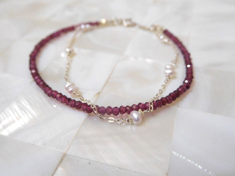 纯银石榴石小珍珠双层手链 长度可订制 - 手链/手环 - 其他金属 紫色