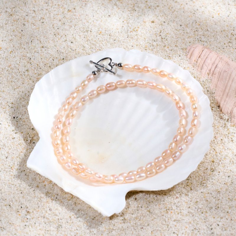 天然粉色米型珍珠项链 6-7mm 银色爱心扣 柔美动人 纪念日礼物 - 项链 - 珍珠 粉红色