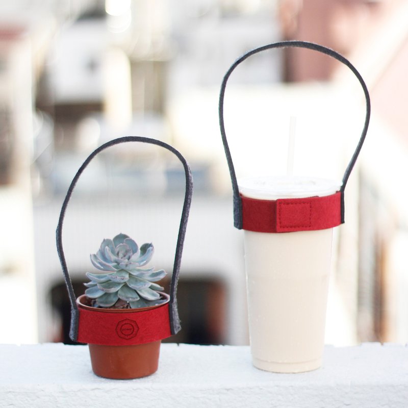 简约款/羊毛毡环保饮料提带 Beverage tape / 气质酒红Burgundy - 随行杯提袋/水壶袋 - 羊毛 红色