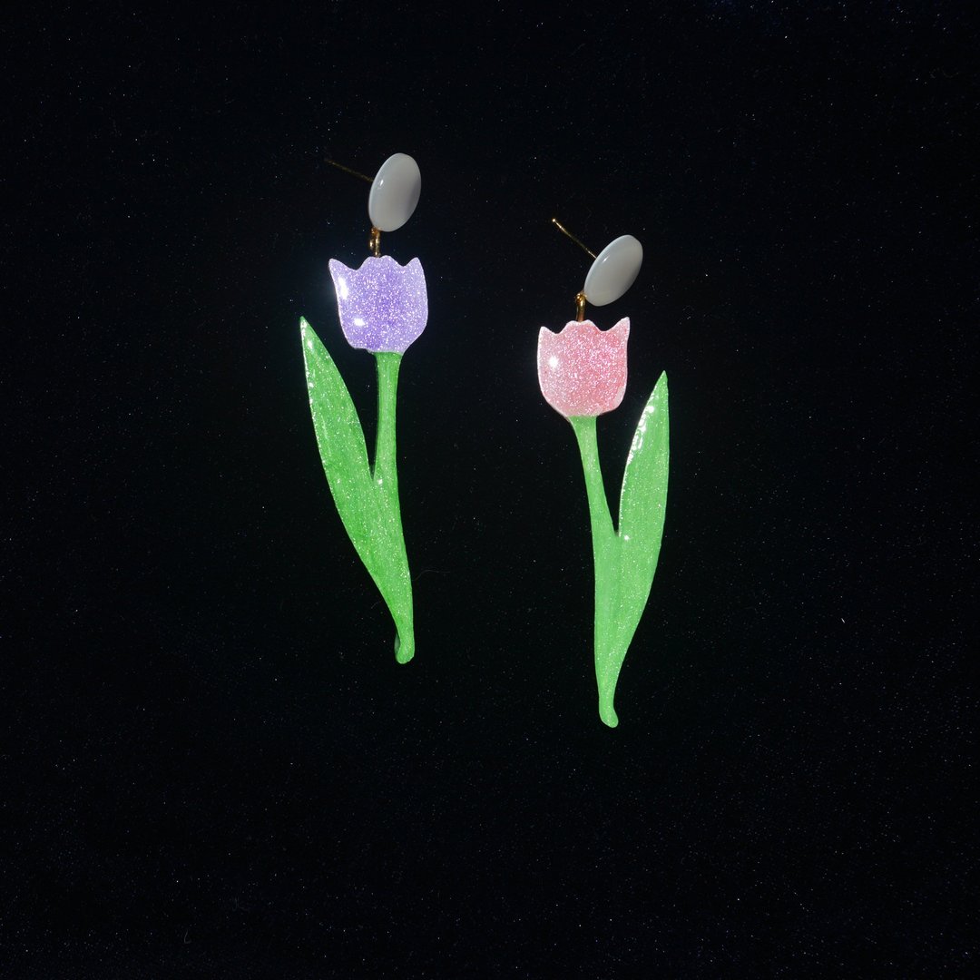 春天花会开 多色郁金香花朵可爱耳环 手绘木制 - 耳环/耳夹 - 木头 多色