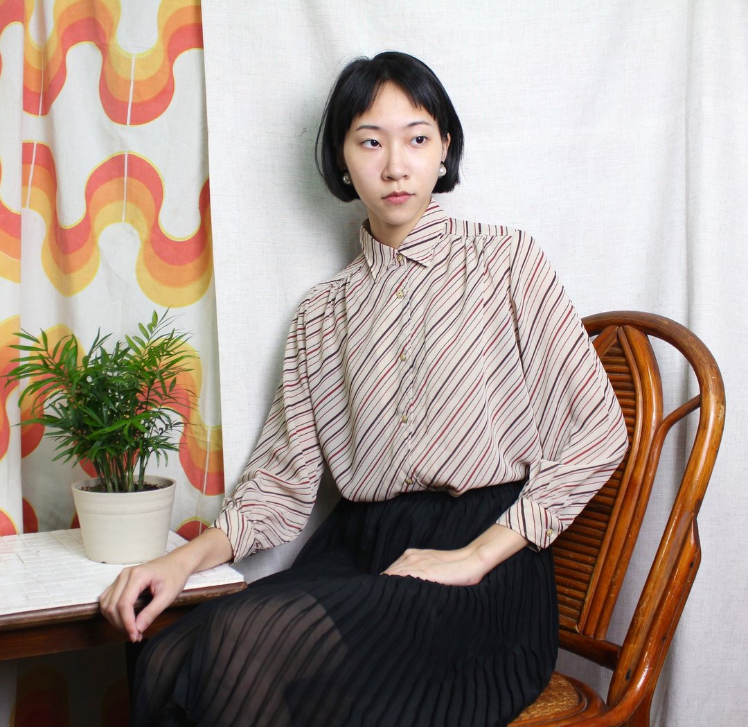 FOAK古着 60's东京物语棕红条纹衬衫 - 女装衬衫 - 其他材质 