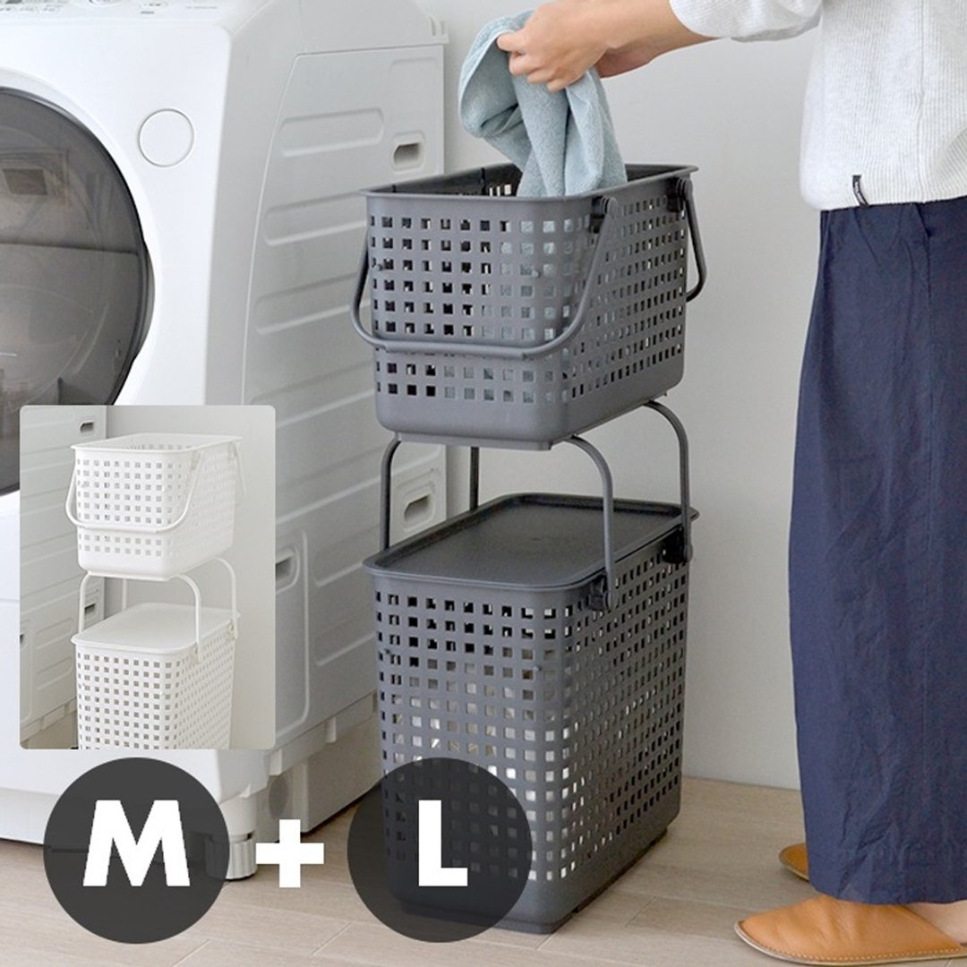 日本 Like-it 窄款多功能可堆叠洗衣篮二层组M+L - 卫浴用品 - 塑料 白色