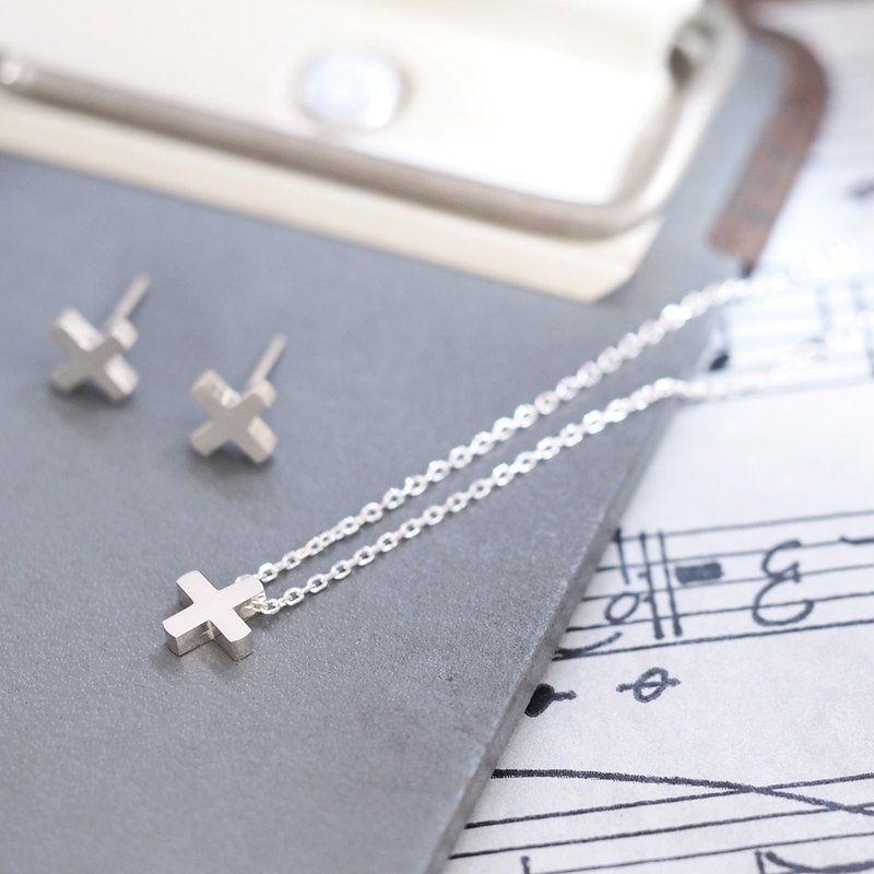 2 pieces set) True Cross Necklace Earrings Silver 925 - 项链 - 其他金属 银色