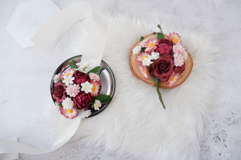 花痴领带 袖口花痴婚礼红酒红色 - 胸花/手腕花 - 纸 红色