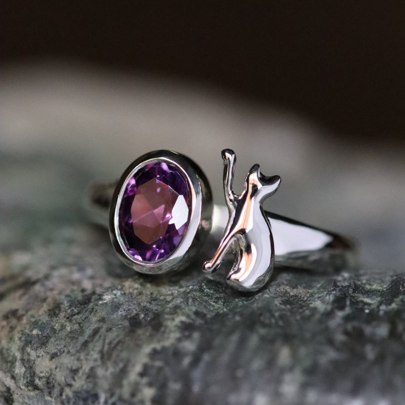变色紫水晶与猫咪开口戒指 silver925 - 戒指 - 纯银 银色