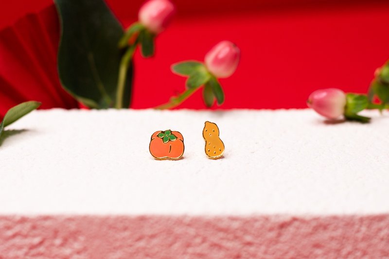 好事发生 柿子 花生 新年礼物 低敏钢针 生日礼物 纸盒包装 - 耳环/耳夹 - 珐琅 橘色