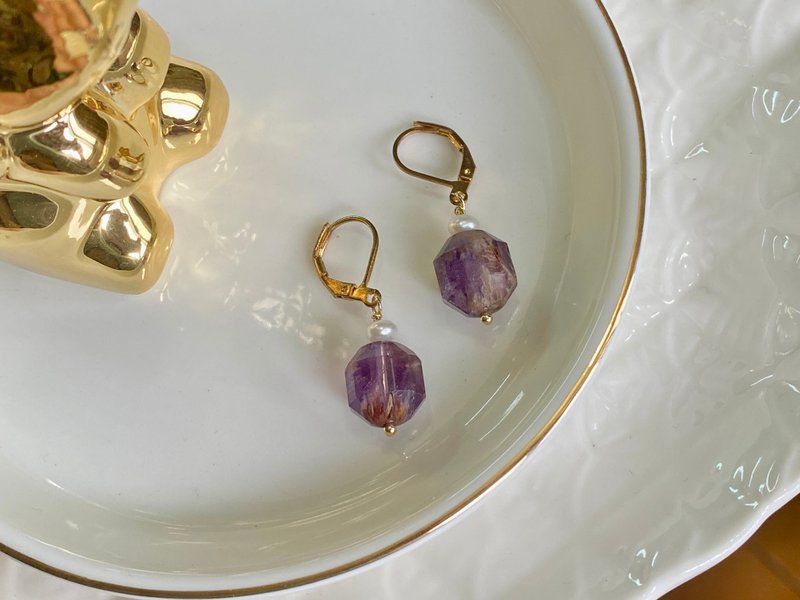 天然紫幽灵水晶珍珠耳环 - 耳环/耳夹 - 水晶 