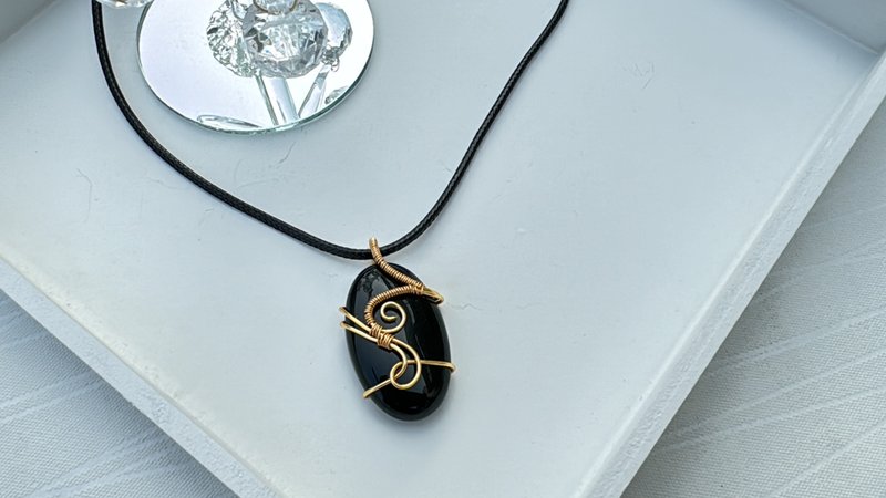230127 wire wrapping 黑耀石 铜线 绕线 吊堕 - 项链 - 铜/黄铜 黑色