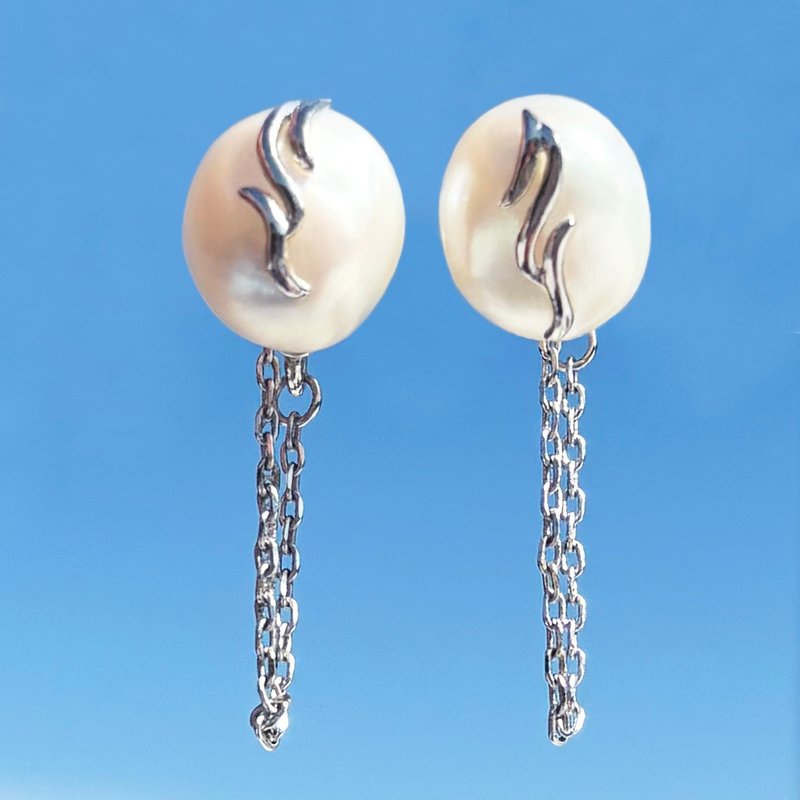 Patsey 珍珠链条耳钉 – 纯银 - 耳环/耳夹 - 纯银 银色