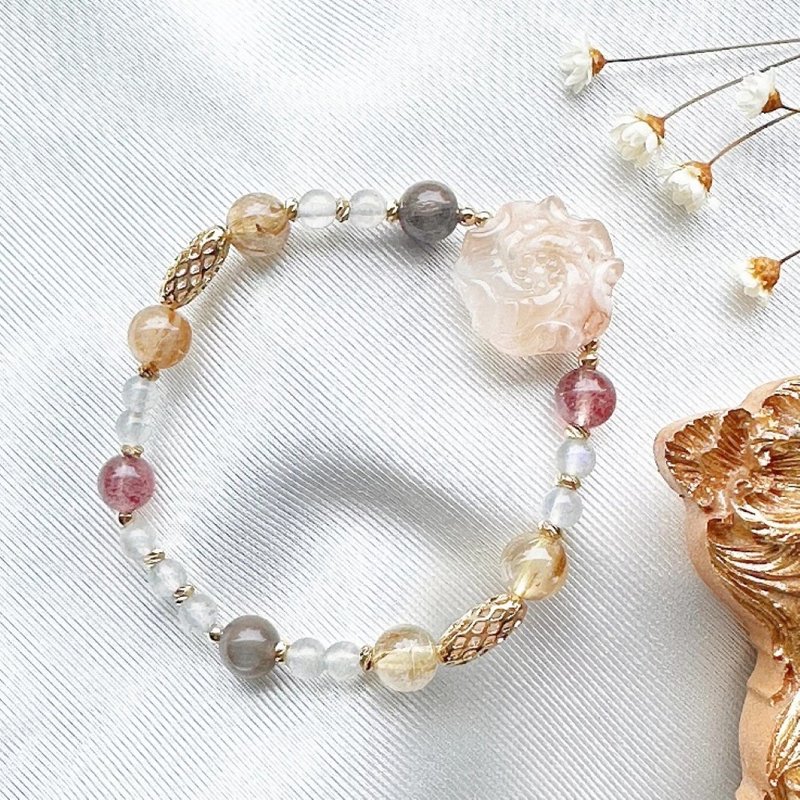 春声・花梦 樱花玛瑙 牡丹花手链 天然石手串 草莓晶 太阳石 - 手链/手环 - 半宝石 银色