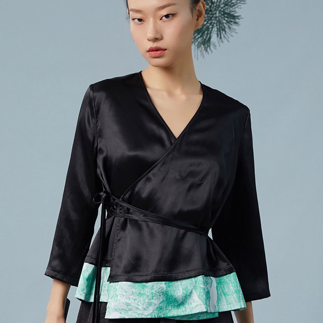 真絲茶服上衣 / 新中式禪意漢服 / 改良絲綢襯衫 - 女装上衣 - 丝．绢 黑色