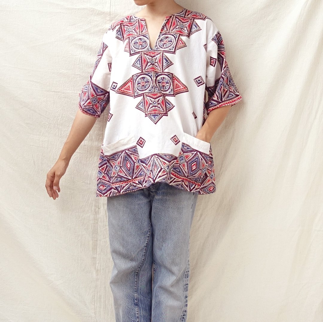 BajuTua /古着/ 70's 巴基斯坦制 盖印图腾 Dashiki (特价品) - 女装上衣 - 棉 红色