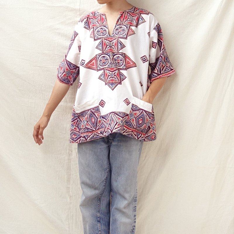 BajuTua /古着/ 70's 巴基斯坦制 盖印图腾 Dashiki (特价品) - 女装上衣 - 棉．麻 红色