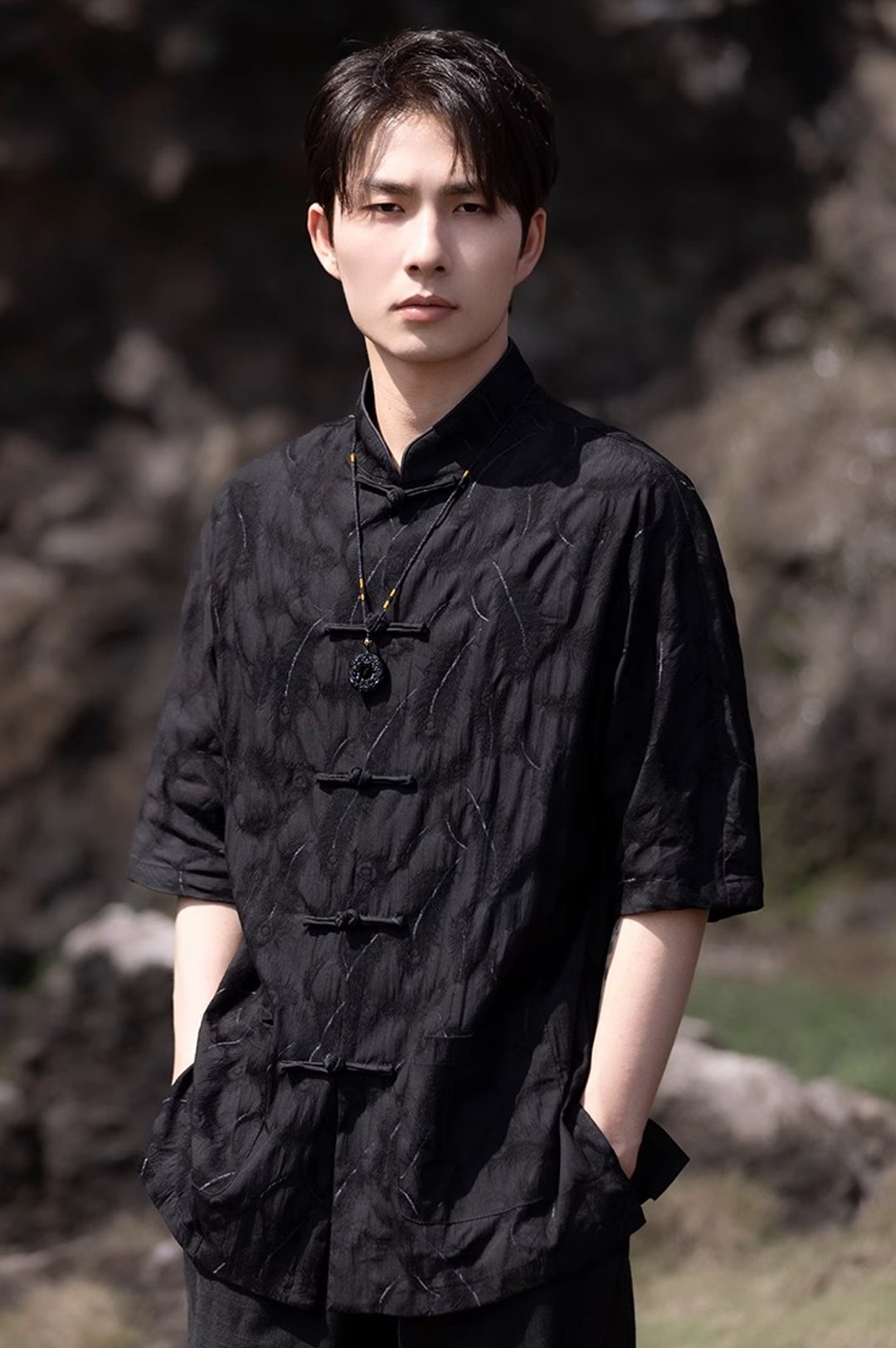 新中式复古 盘扣短袖衬衫 - 男装衬衫 - 其他材质 黑色