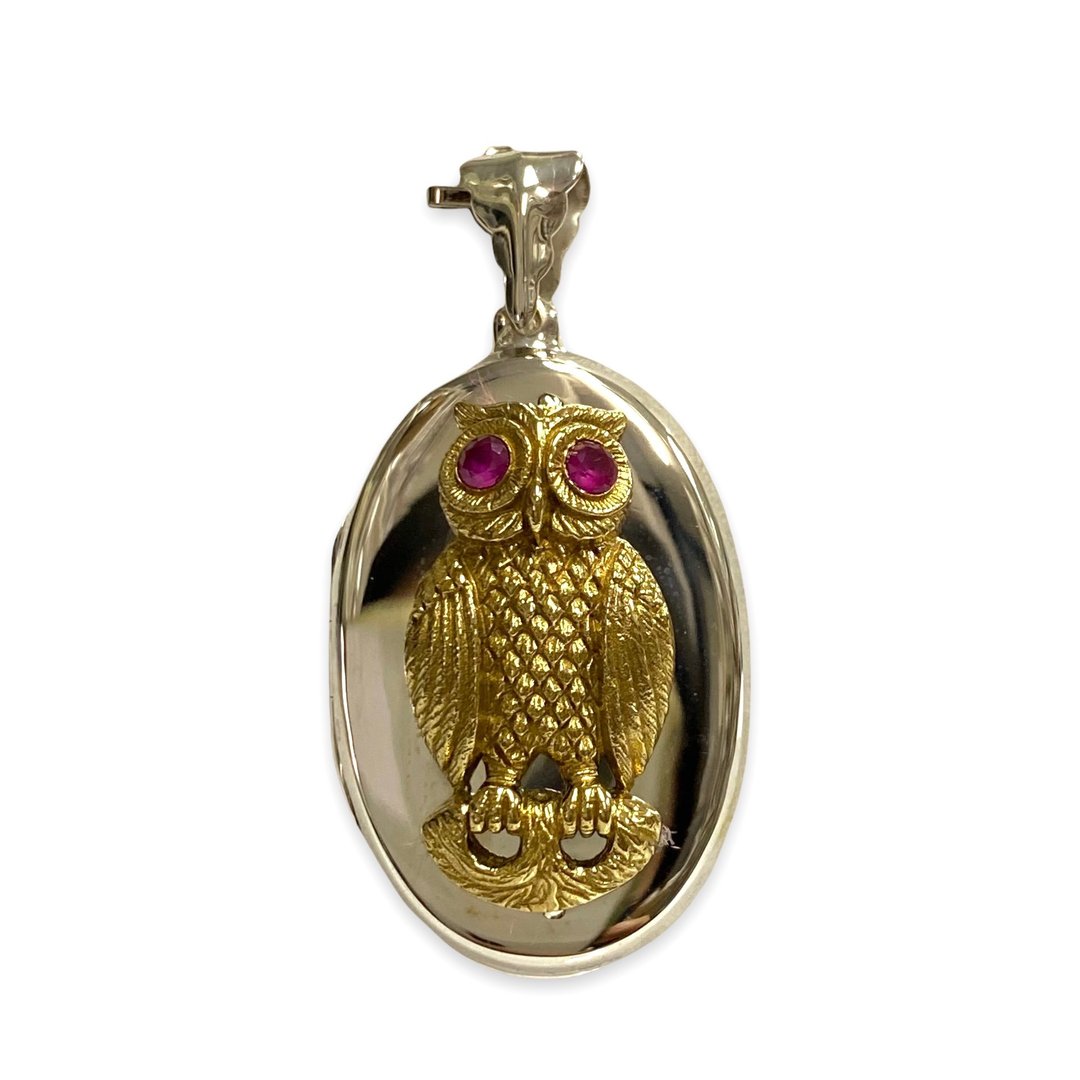 Victorian Style Owl Bird Gold Plated Locket Pendant and Ruby 925 Sterling Silver - 项链 - 纯银 银色