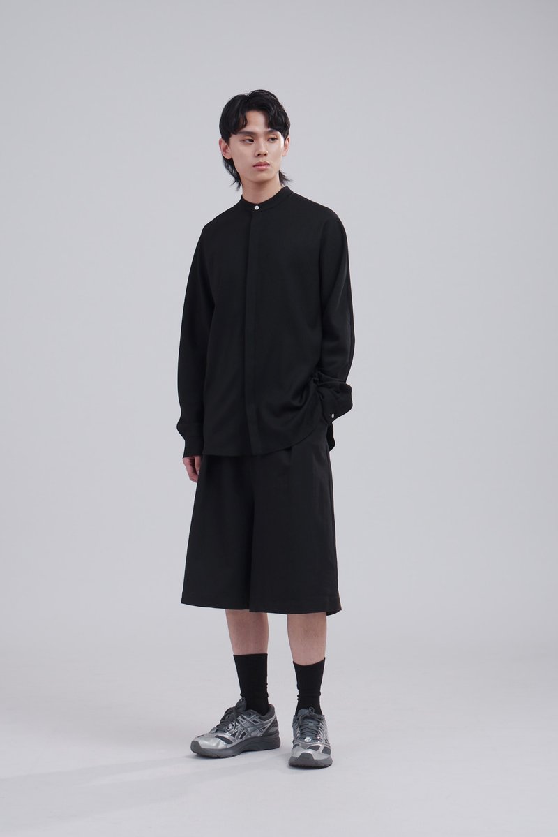 小高领织纹连袖衬衫 黑色衬衫  city boy - 男装衬衫 - 棉．麻 黑色