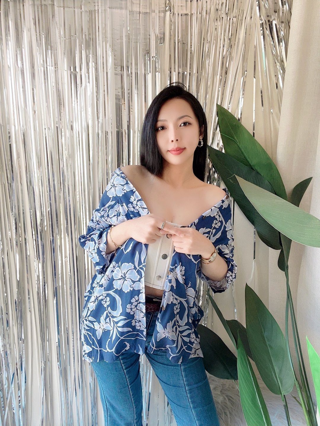 浅深蓝满版花纹图 古着丝质夏威夷衬衫上衣 vintage Aloha Shirt - 女装衬衫 - 丝．绢 蓝色