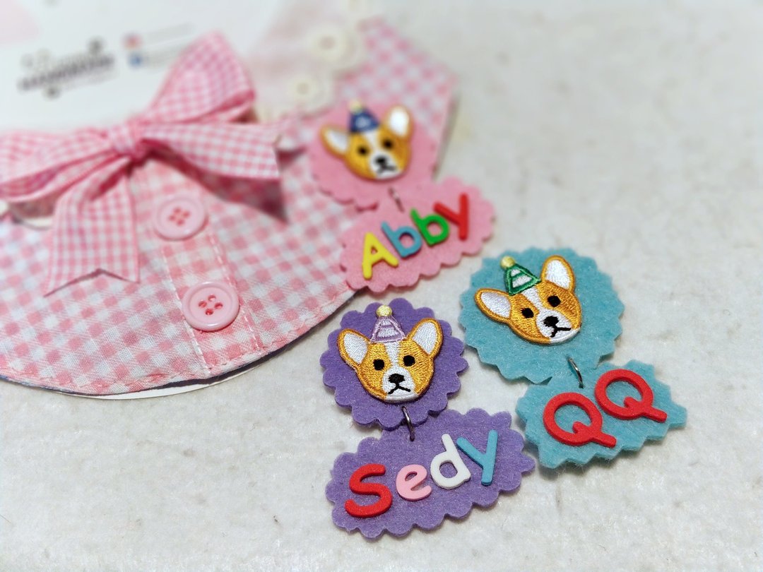 宠物 猫犬 校际  哥基刺绣 corgi 名牌 颈圈 颈饰 - 项圈/牵绳 - 棉 粉红色
