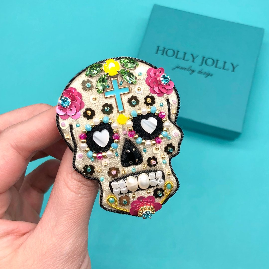 Skull pin Beaded brooch Calavera Embroidery pin - 胸针 - 其他材质 