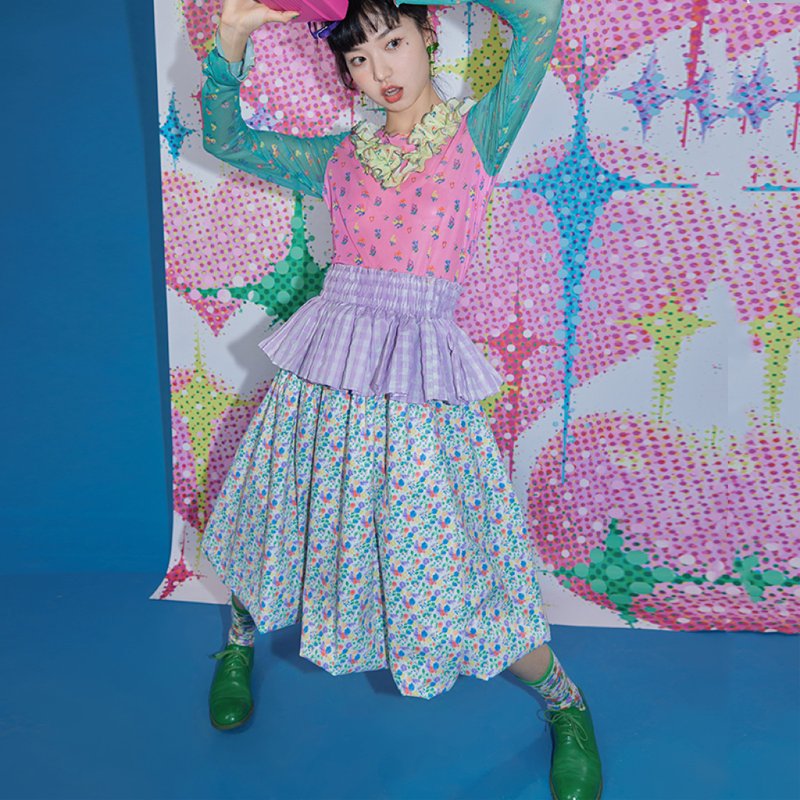 紫格纹 田园碎花 褶皱蓬蓬云朵裙 花苞裙 - 裙子 - 其他材质 多色