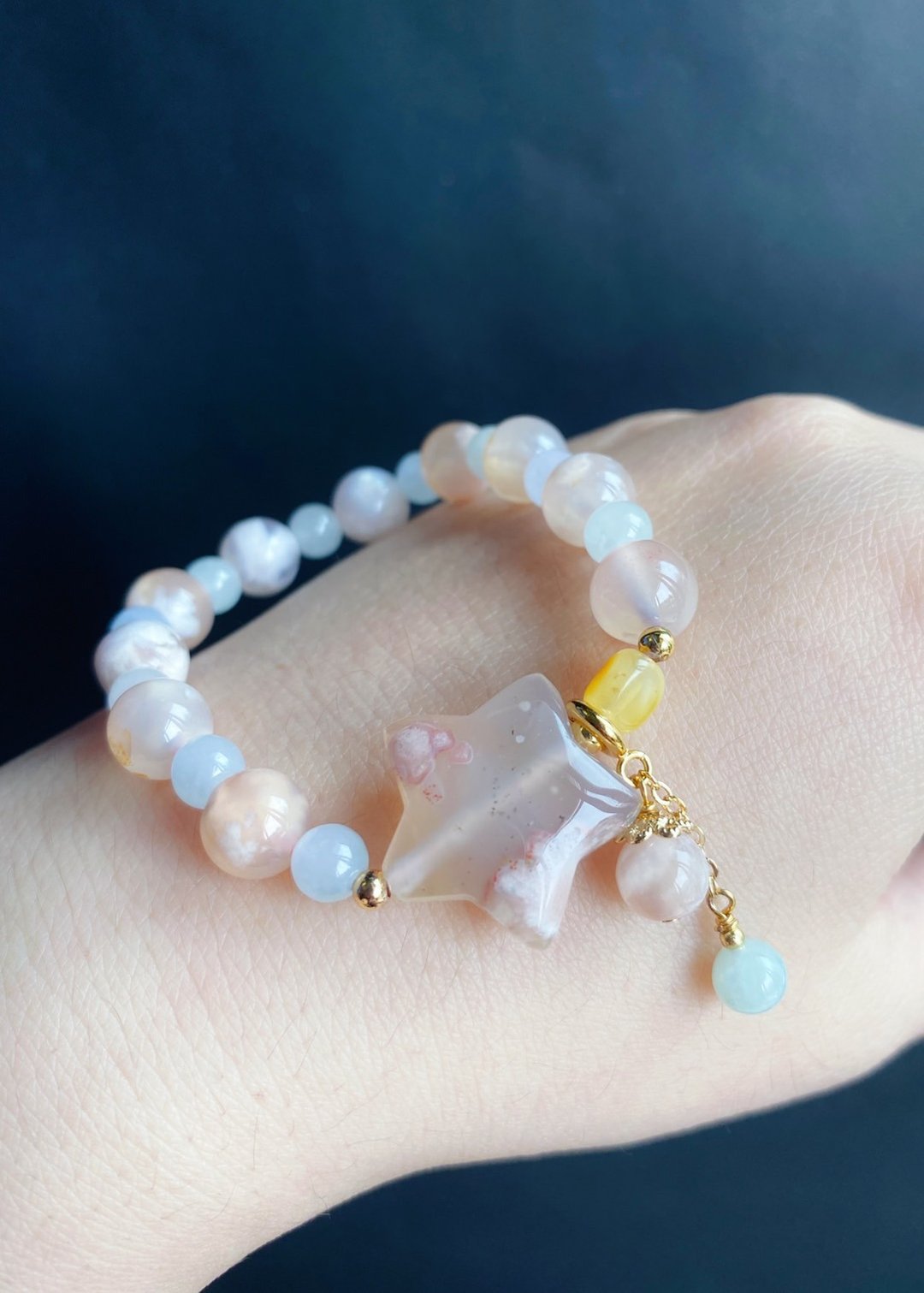 天然缅甸玉翡翠 星星 樱花玛瑙 蜜蜡 设计款 手链 礼物 - 手链/手环 - 玉石 粉红色