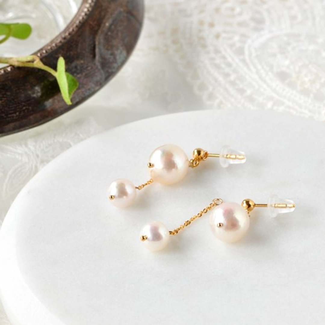 14kgf/Akoya Pearl Baroque 2WAY Charm Stud Earrings - 耳环/耳夹 - 宝石 