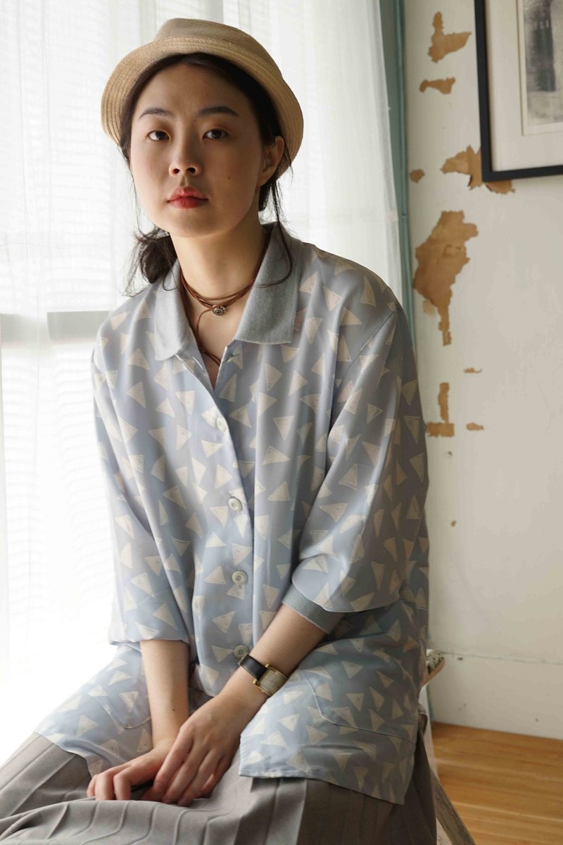 寻宝古着-浅水蓝三角印花螺纹衬衫外套 - 女装衬衫 - 聚酯纤维 蓝色