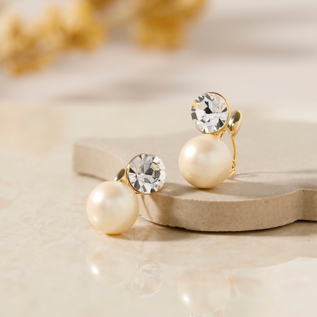 stone+shell pearl loop-fit earring 圈式耳扣式耳环 水钻 珍珠 金色 - 耳环/耳夹 - 其他金属 金色