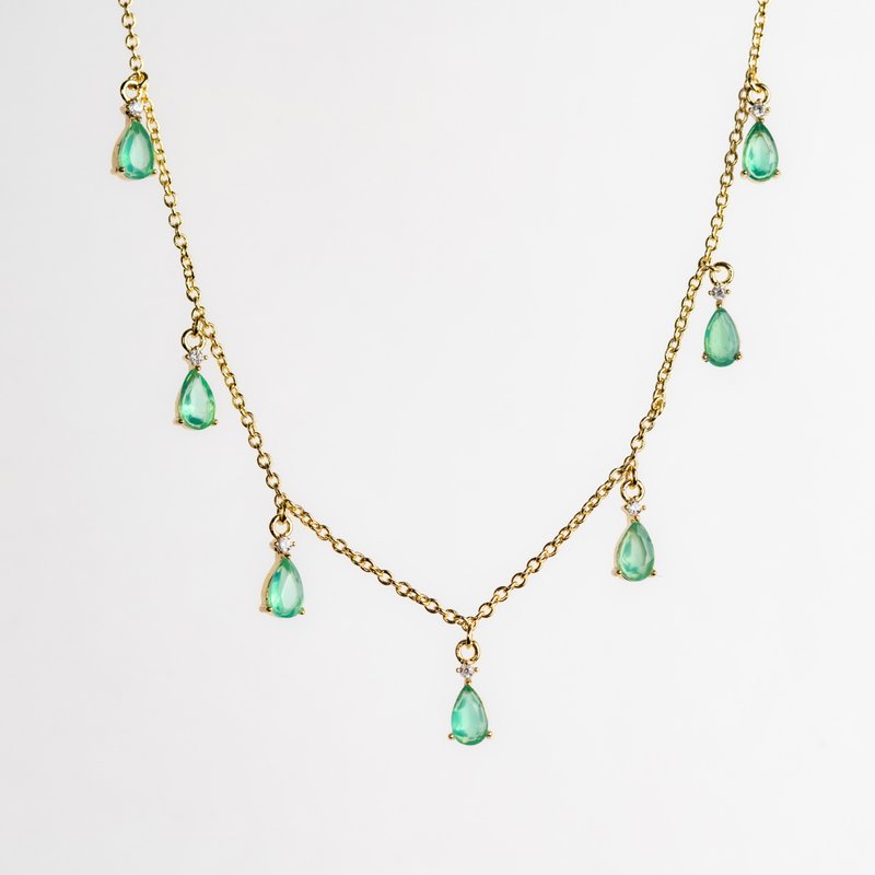 绿玛瑙项链 7颗宝石坠链 水滴形半宝 精镀14k金 独家设计款 - 项链 - 半宝石 绿色