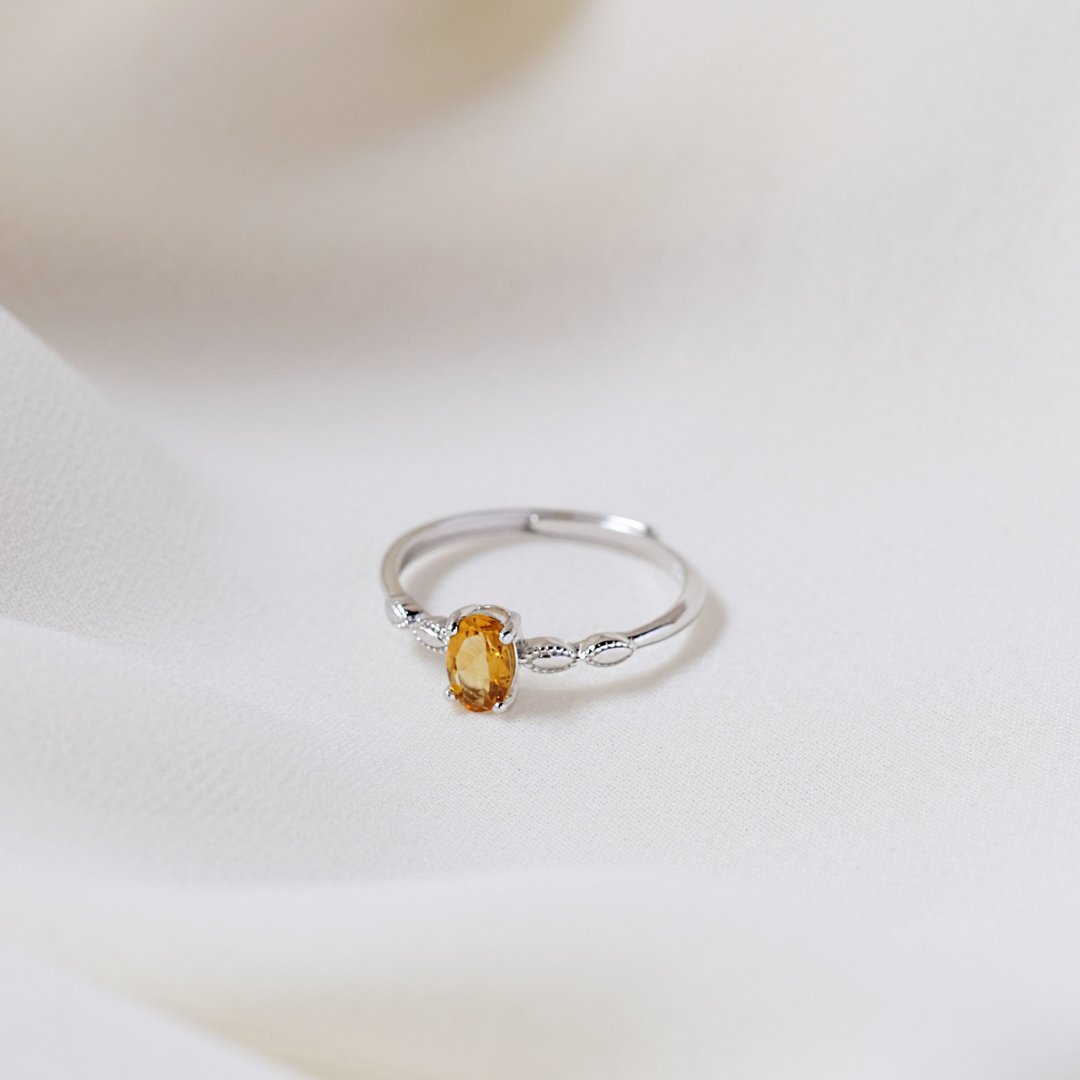 黄水晶 Citrine 925纯银 戒指 简约单钻细戒 11月诞生石 - 戒指 - 纯银 黄色