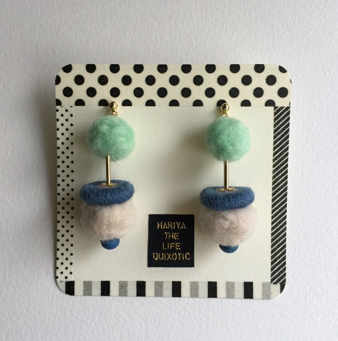 Winter sparkling piercing (Mint x Blue x Beige) - 耳环/耳夹 - 羊毛 蓝色