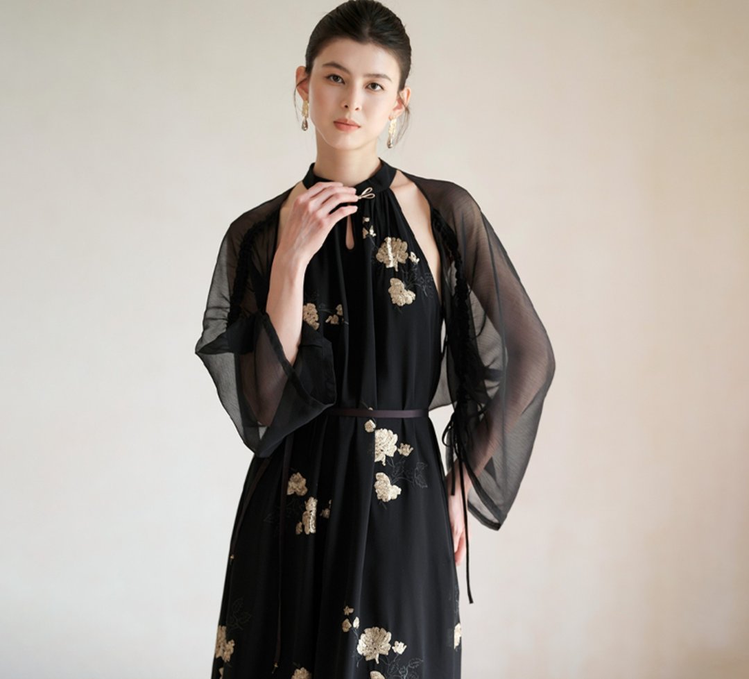 【黑金】新中式复古中国风 清透薄纱外披/連衣裙 - 女装上衣 - 聚酯纤维 黑色