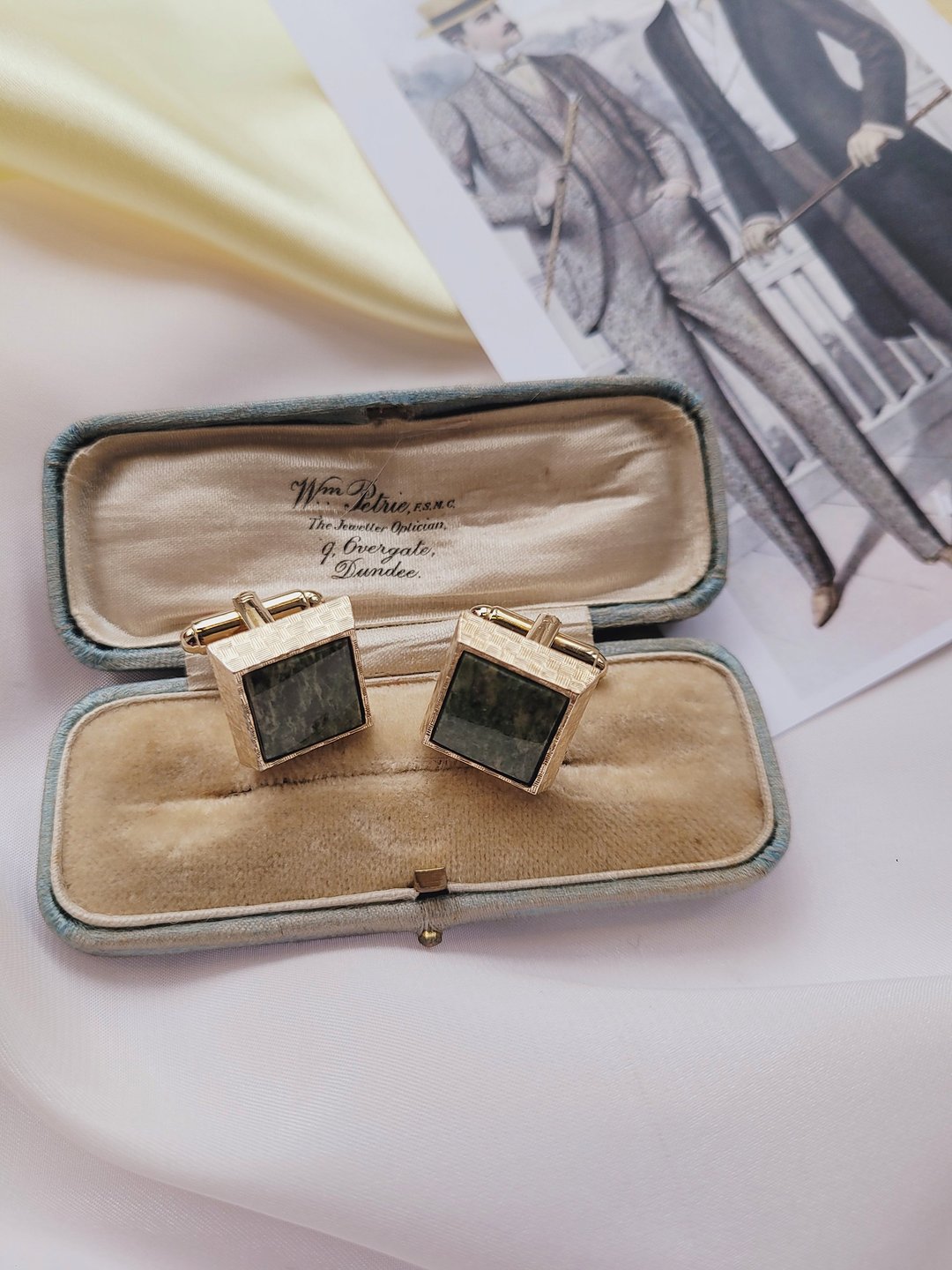 美国西洋古董饰品 / 美国Shields 立体方绿玉石纹 古董袖扣 Cufflinks / 男士珠宝 - 袖扣 - 其他金属 