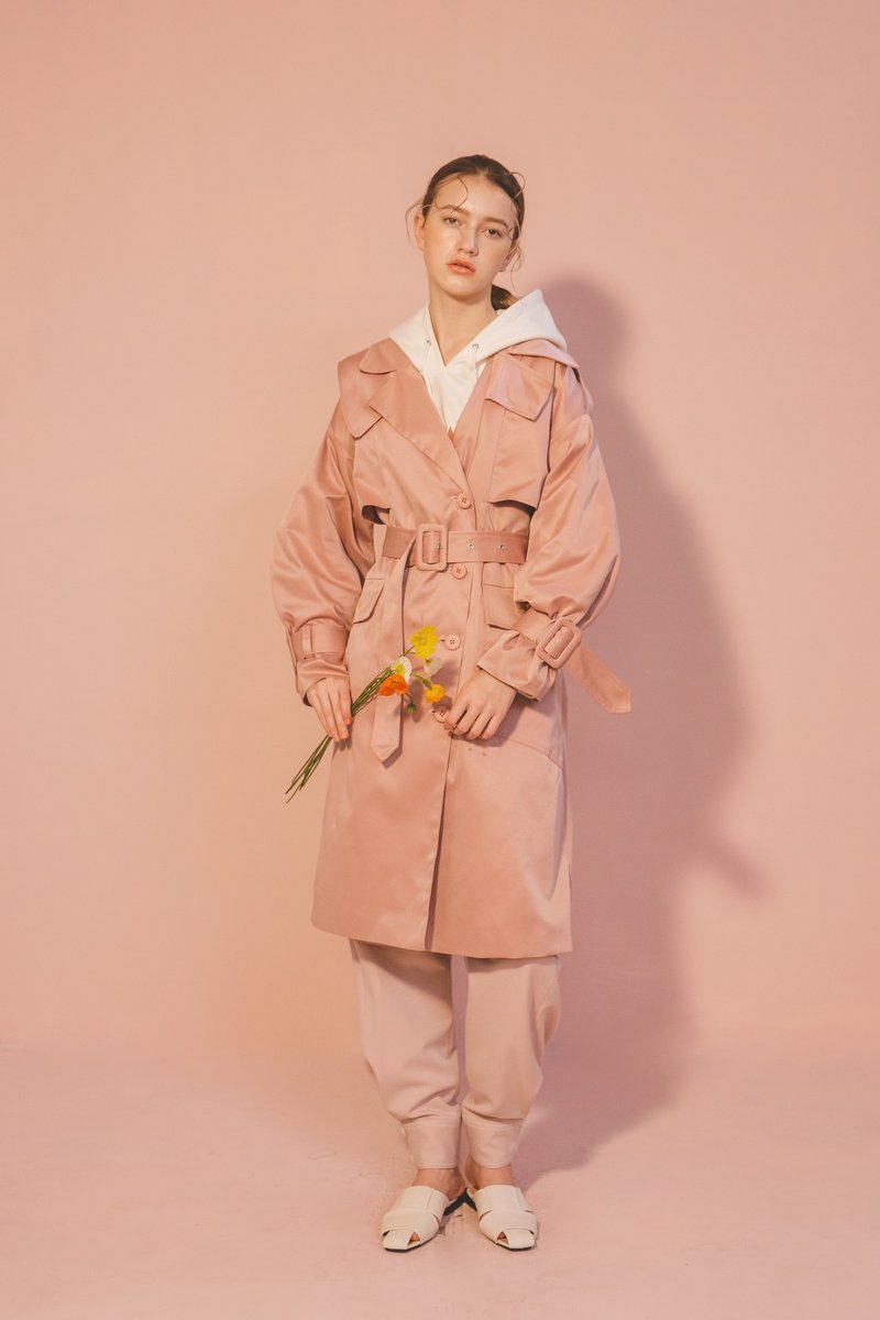 Sample Sale / 廓形袖系带风衣-粉橘 - 女装休闲/机能外套 - 聚酯纤维 橘色